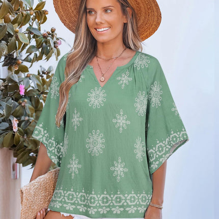 Big & Tall Clothing - Women's 3/4 Sleeve V-Neck Bohemian Peasant Blouse Loose Fit Tunic Top