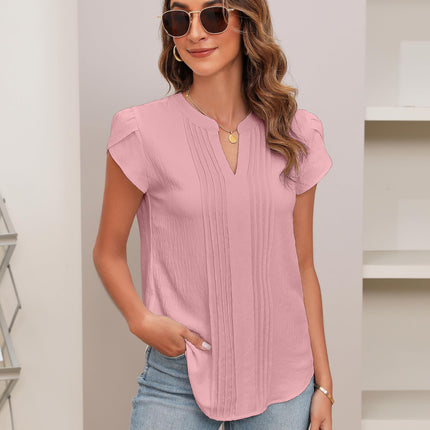 Beautiful Blouses For Ladies - Women's V-Neck Blouse with Pintuck Detail Short Petal Sleeve Business Top