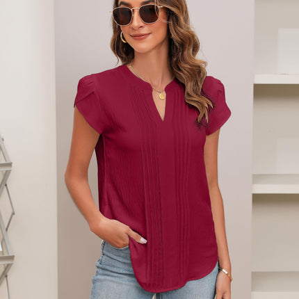 Beautiful Blouses For Ladies - Women's V-Neck Blouse with Pintuck Detail Short Petal Sleeve Business Top