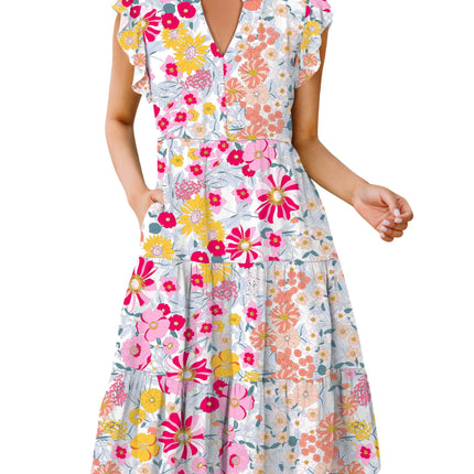 Blue Casual Dresses - Women's Summer Midi Dress - Ruffle Sleeve V-Neck Boho Beach Dress