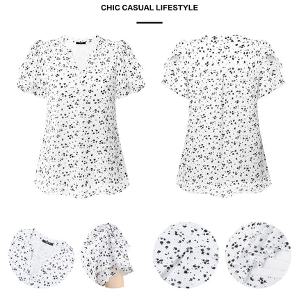 Polyester Blouses - Women's Chiffon Blouse V-Neck Puff Sleeve Summer Top for Work and Casual Wear