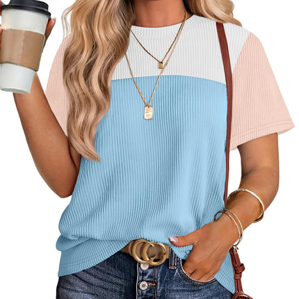 Women's Color Block Knit Shirt Short Sleeve Crewneck Top