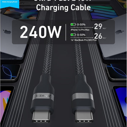 Anker USB-C to USB-C Cable (3 ft / 6 ft, 240W, Upcycled-Braided)