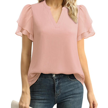 Polyester Blouses - Women's Chiffon Blouse V-Neck Puff Sleeve Summer Top for Work and Casual Wear