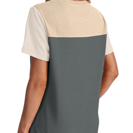 Women's Color Block Knit Shirt Short Sleeve Crewneck Top