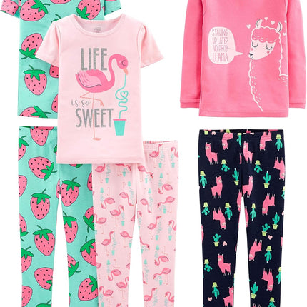 Girls Cotton Pajama Set 6-Piece - Snug Fit PJ Pack for Babies Toddlers