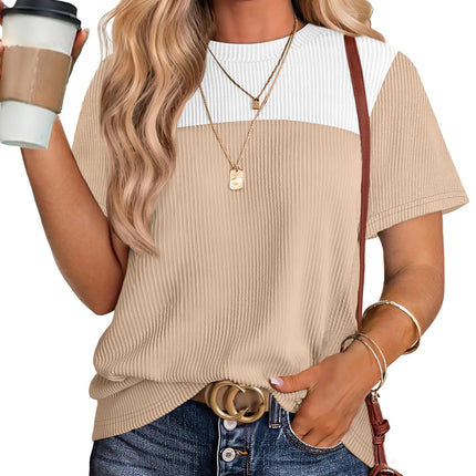 Women's Color Block Knit Shirt Short Sleeve Crewneck Top