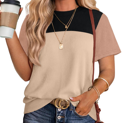 Women's Color Block Knit Shirt Short Sleeve Crewneck Top
