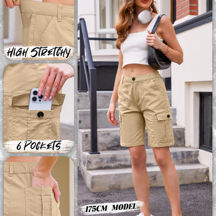 Women High Waisted Bermuda Cargo Shorts - 6 Pockets Stretchy Knee Length Summer Shorts
