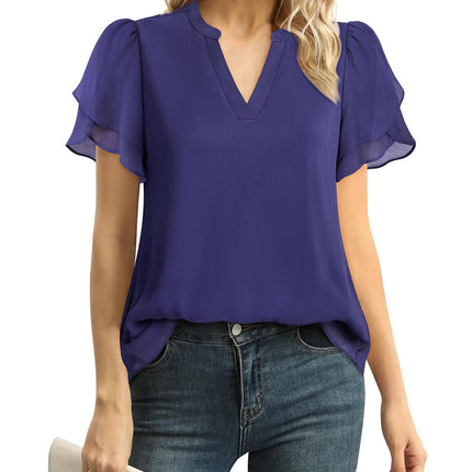 Polyester Blouses - Women's Chiffon Blouse V-Neck Puff Sleeve Summer Top for Work and Casual Wear