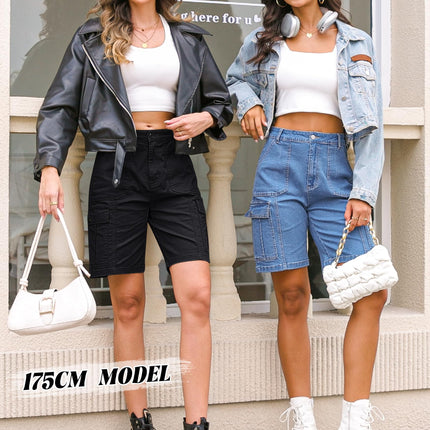 Women High Waisted Bermuda Cargo Shorts - 6 Pockets Stretchy Knee Length Summer Shorts