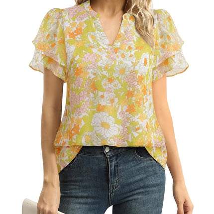 Polyester Blouses - Women's Chiffon Blouse V-Neck Puff Sleeve Summer Top for Work and Casual Wear