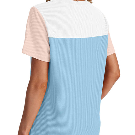 Women's Color Block Knit Shirt Short Sleeve Crewneck Top