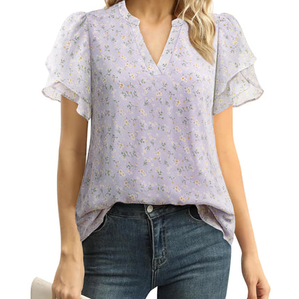 Polyester Blouses - Women's Chiffon Blouse V-Neck Puff Sleeve Summer Top for Work and Casual Wear