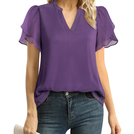 Polyester Blouses - Women's Chiffon Blouse V-Neck Puff Sleeve Summer Top for Work and Casual Wear