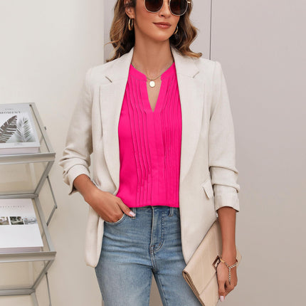 Beautiful Blouses For Ladies - Women's V-Neck Blouse with Pintuck Detail Short Petal Sleeve Business Top