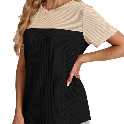 Women's Color Block Knit Shirt Short Sleeve Crewneck Top