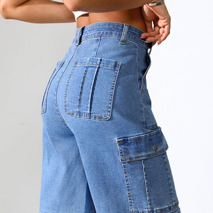 Women High Waisted Bermuda Cargo Shorts - 6 Pockets Stretchy Knee Length Summer Shorts