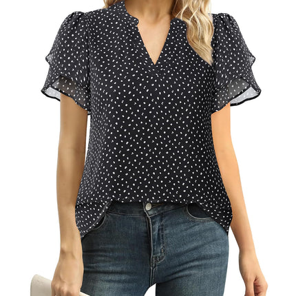 Polyester Blouses - Women's Chiffon Blouse V-Neck Puff Sleeve Summer Top for Work and Casual Wear