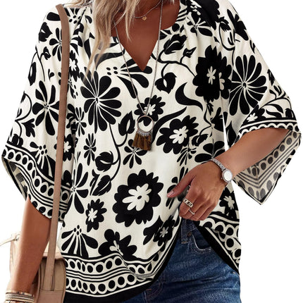 Big & Tall Clothing - Women's 3/4 Sleeve V-Neck Bohemian Peasant Blouse Loose Fit Tunic Top