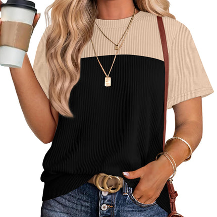 Women's Color Block Knit Shirt Short Sleeve Crewneck Top