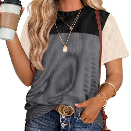 Women's Color Block Knit Shirt Short Sleeve Crewneck Top