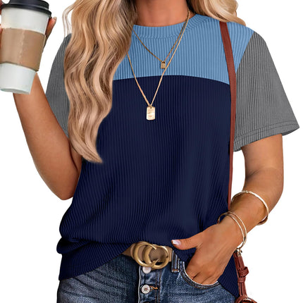 Women's Color Block Knit Shirt Short Sleeve Crewneck Top