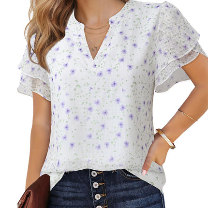 Polyester Blouses - Women's Chiffon Blouse V-Neck Puff Sleeve Summer Top for Work and Casual Wear