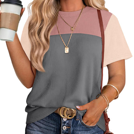 Women's Color Block Knit Shirt Short Sleeve Crewneck Top