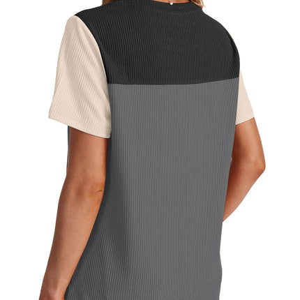 Women's Color Block Knit Shirt Short Sleeve Crewneck Top