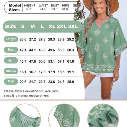 Big & Tall Clothing - Women's 3/4 Sleeve V-Neck Bohemian Peasant Blouse Loose Fit Tunic Top
