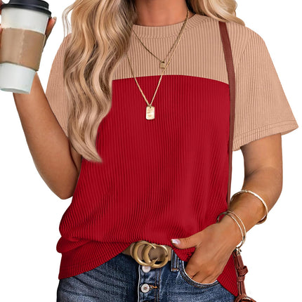 Women's Color Block Knit Shirt Short Sleeve Crewneck Top