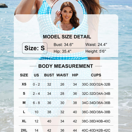 Women's High Waisted Bikini Set with Swim Skirt - Retro Gingham Tummy Control Swimsuit
