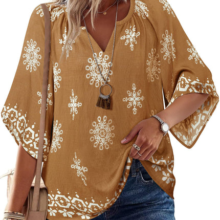 Big & Tall Clothing - Women's 3/4 Sleeve V-Neck Bohemian Peasant Blouse Loose Fit Tunic Top