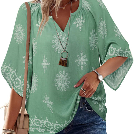 Big & Tall Clothing - Women's 3/4 Sleeve V-Neck Bohemian Peasant Blouse Loose Fit Tunic Top