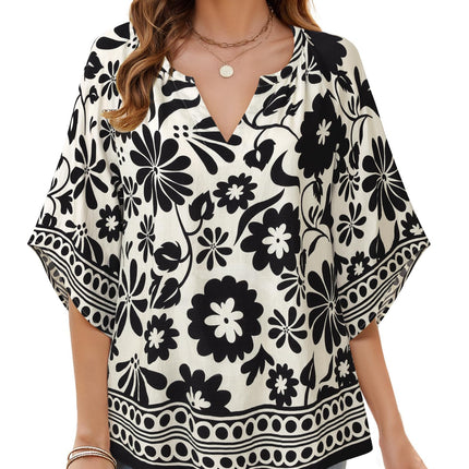Big & Tall Clothing - Women's 3/4 Sleeve V-Neck Bohemian Peasant Blouse Loose Fit Tunic Top