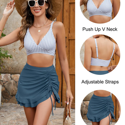 Women's High Waisted Bikini Set with Swim Skirt - Retro Gingham Tummy Control Swimsuit