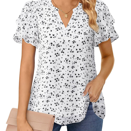 Polyester Blouses - Women's Chiffon Blouse V-Neck Puff Sleeve Summer Top for Work and Casual Wear