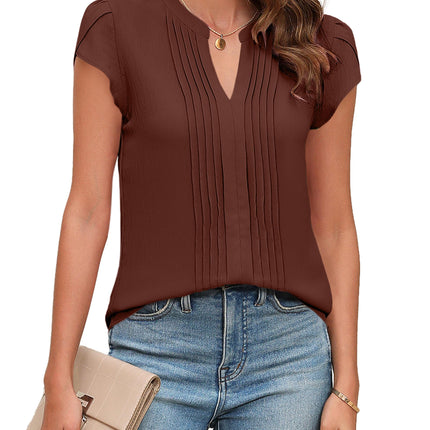 Beautiful Blouses For Ladies - Women's V-Neck Blouse with Pintuck Detail Short Petal Sleeve Business Top