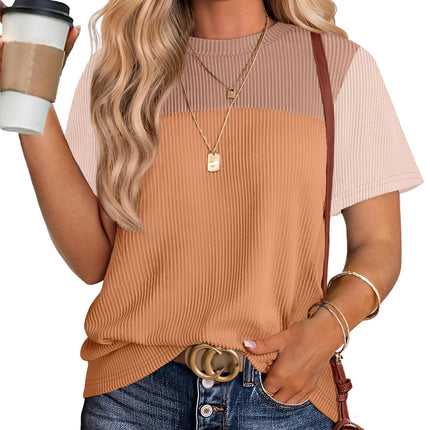 Women's Color Block Knit Shirt Short Sleeve Crewneck Top