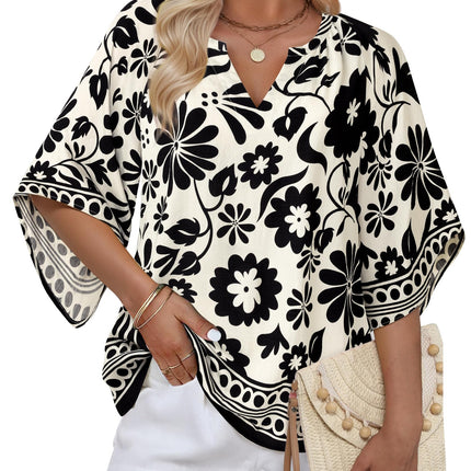 Big & Tall Clothing - Women's 3/4 Sleeve V-Neck Bohemian Peasant Blouse Loose Fit Tunic Top