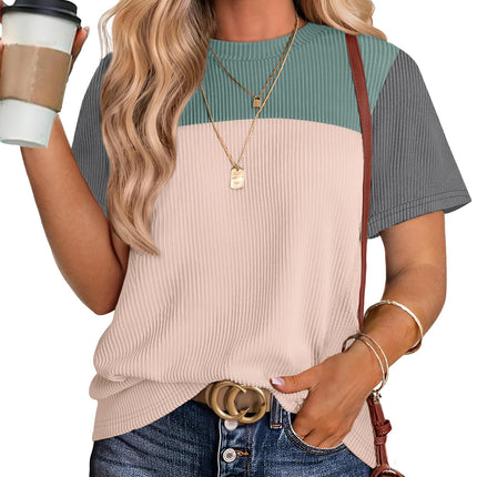 Women's Color Block Knit Shirt Short Sleeve Crewneck Top