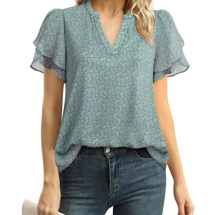 Polyester Blouses - Women's Chiffon Blouse V-Neck Puff Sleeve Summer Top for Work and Casual Wear