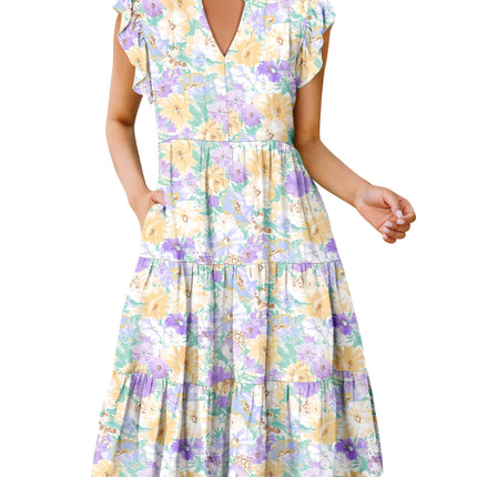 Blue Casual Dresses - Women's Summer Midi Dress - Ruffle Sleeve V-Neck Boho Beach Dress