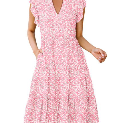 Blue Casual Dresses - Women's Summer Midi Dress - Ruffle Sleeve V-Neck Boho Beach Dress