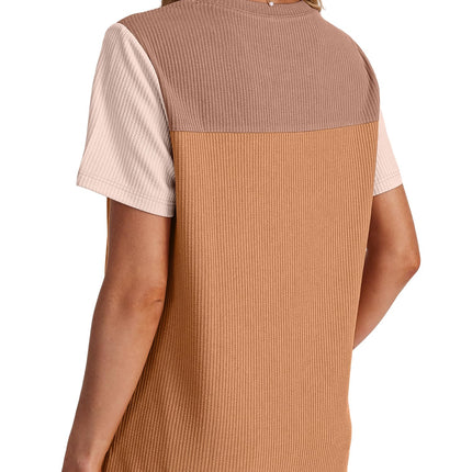 Women's Color Block Knit Shirt Short Sleeve Crewneck Top