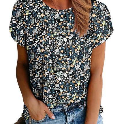 Polyester Blouses - Women's Chiffon Blouse Short Sleeve Pleated Top with Keyhole Back Detail