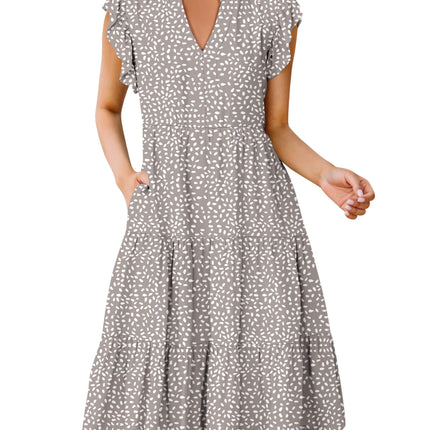Blue Casual Dresses - Women's Summer Midi Dress - Ruffle Sleeve V-Neck Boho Beach Dress