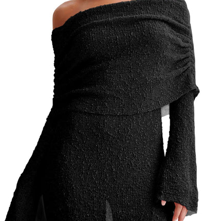 Women's Off Shoulder Beach Cover Up - Sheer Bell Sleeve Mini Dress for Swimwear