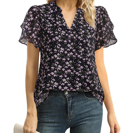 Polyester Blouses - Women's Chiffon Blouse V-Neck Puff Sleeve Summer Top for Work and Casual Wear